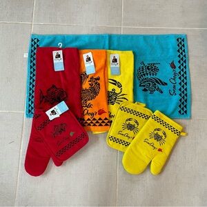 Colorful Kitchen Towel & Oven Mitt Set - Blue, Red, Yellow, Orange